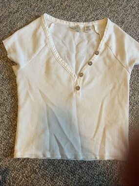 Roxy White Short Sleeve Henley Ribbed Top